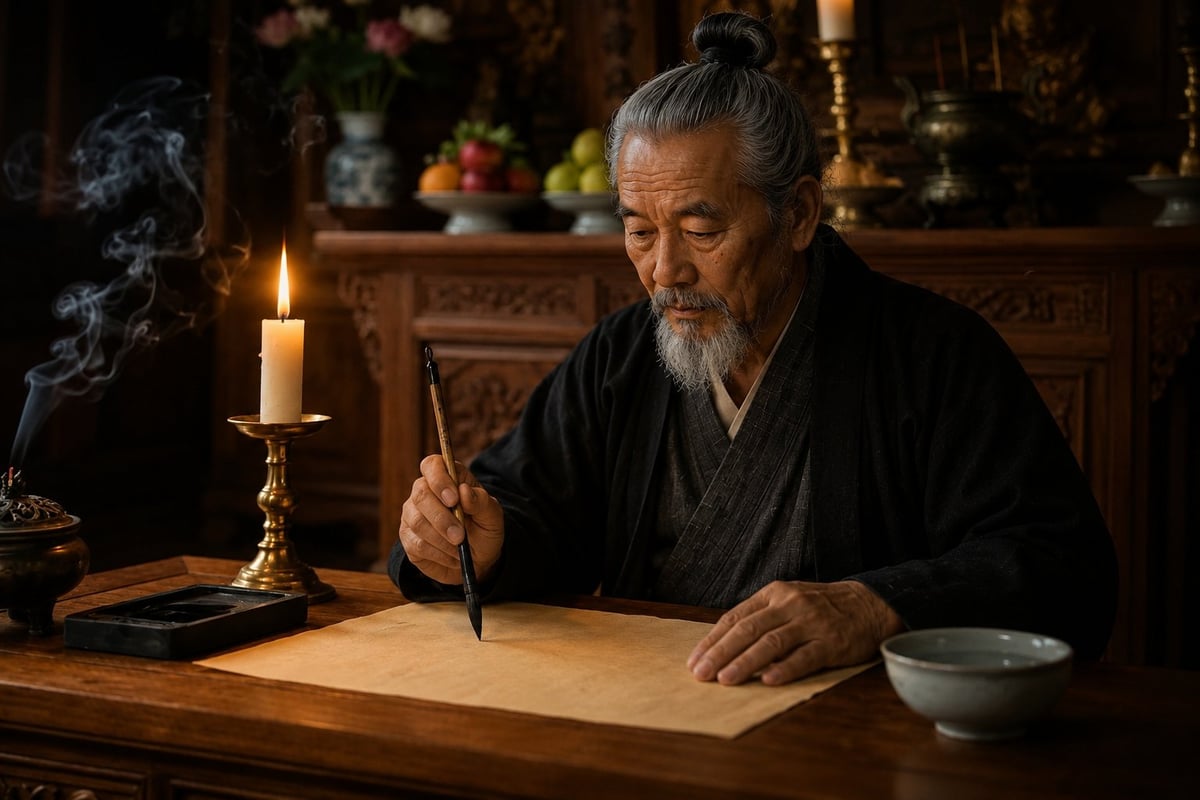 Elderly Asian man with white beard writing calligraphy at wooden desk by candlelight in traditional interior setting