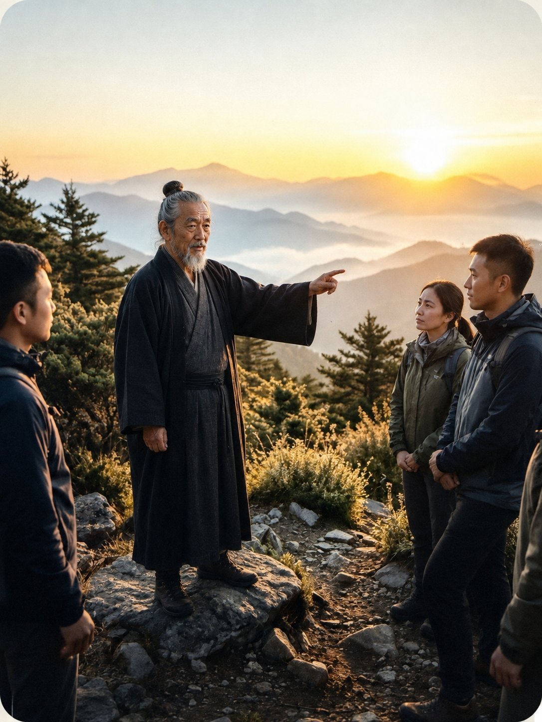 Elderly Asian man in traditional robes teaches three younger people on a mountain at sunrise, pointing toward misty valley landscape.