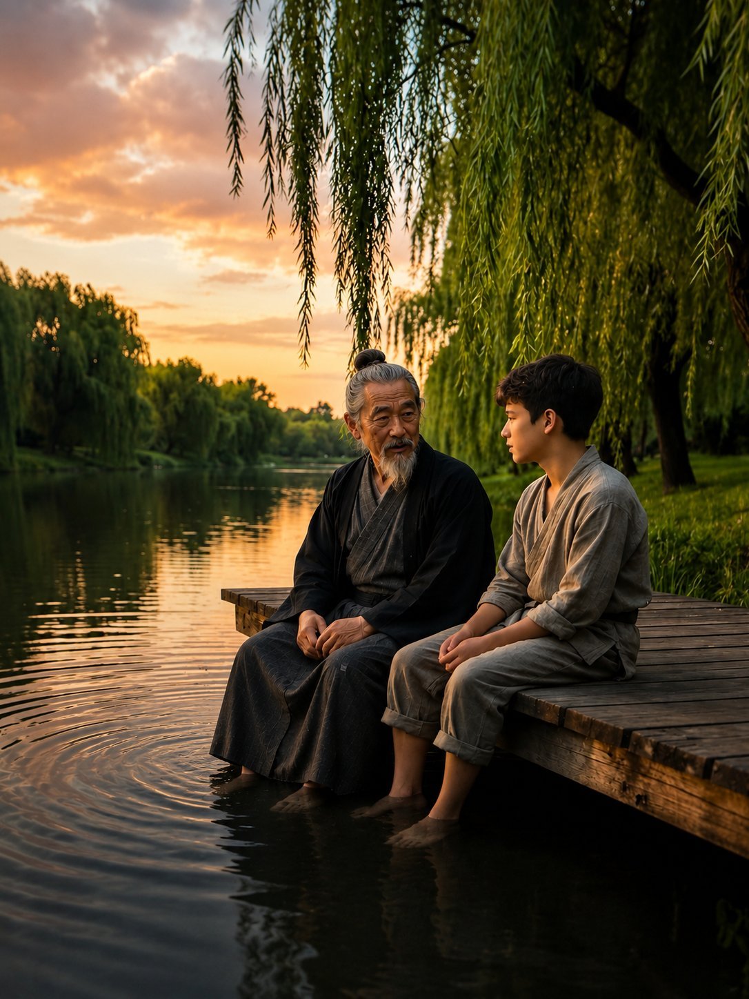 An older man and young boy sit together on a wooden log at the edge of a peaceful river during sunset, with weeping willow trees framing the scene.