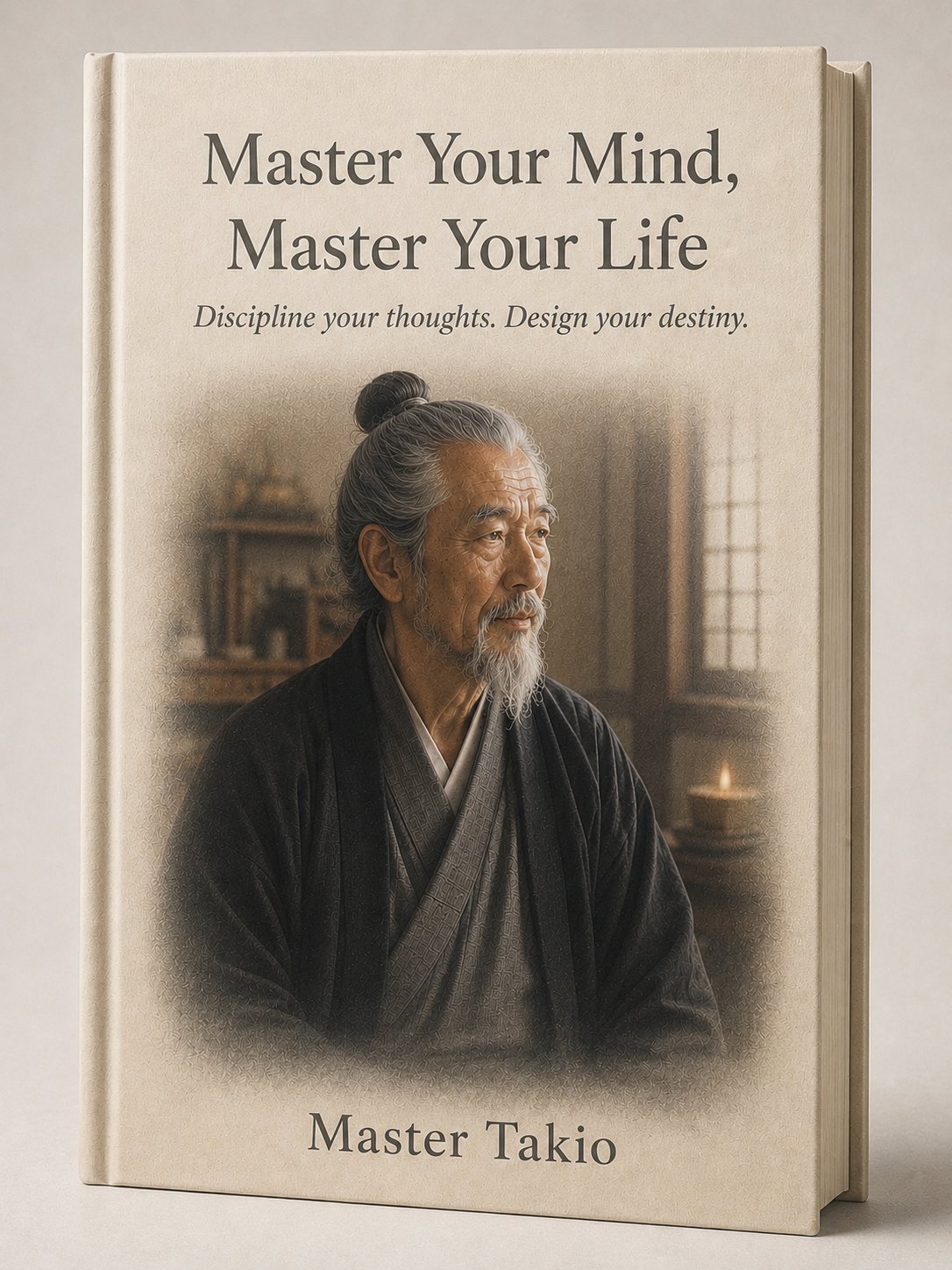 Book cover showing an elderly Asian man with gray hair and beard in traditional dark clothing, titled Master Your Mind, Master Your Life by Master Takio