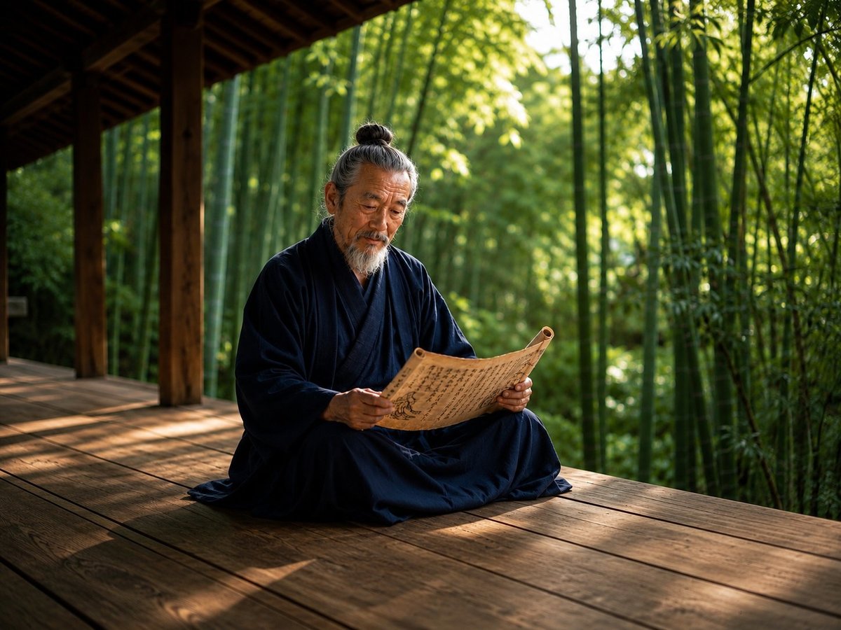 Elderly Asian man in dark traditional robe sitting on wooden deck reading scroll, surrounded by tall bamboo forest