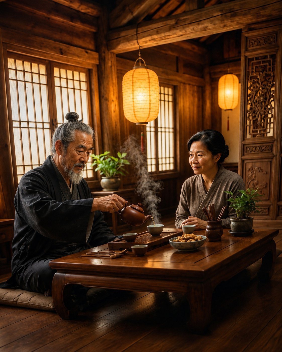 Two people sharing tea in a traditional wooden tea house with hanging lanterns and ornate décor