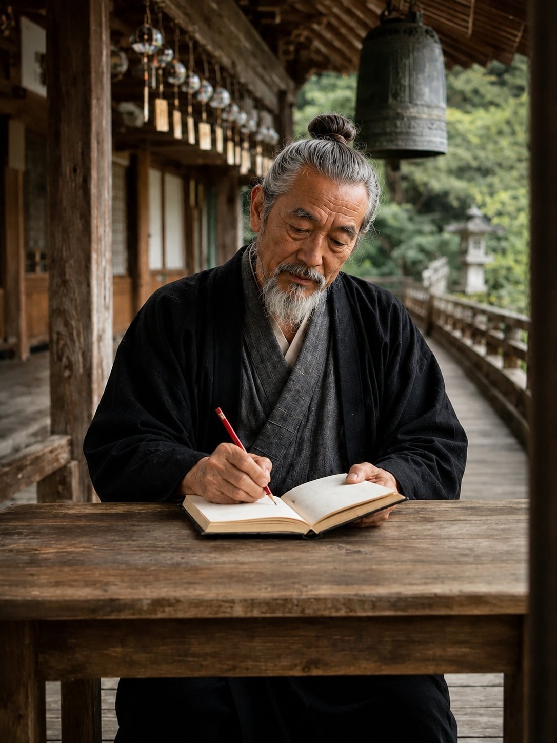 Elderly Asian man with gray hair and beard writing in a book at a wooden table on a traditional pavilion porch