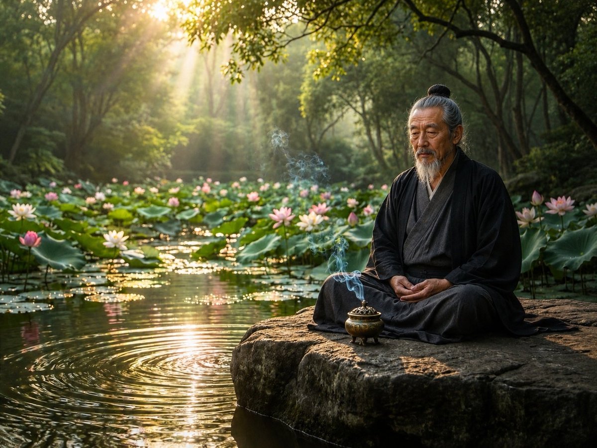 Elderly man in dark robes meditating on a rock in a serene forest pond surrounded by lotus flowers and lush greenery
